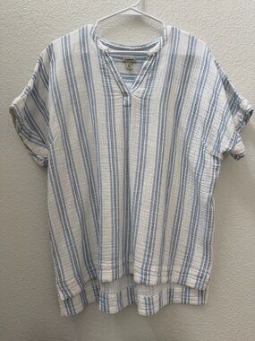 L.L. Bean Women's Cloud Gauze Shirt, Short-Sleeve, white & blue stripes Sz XL